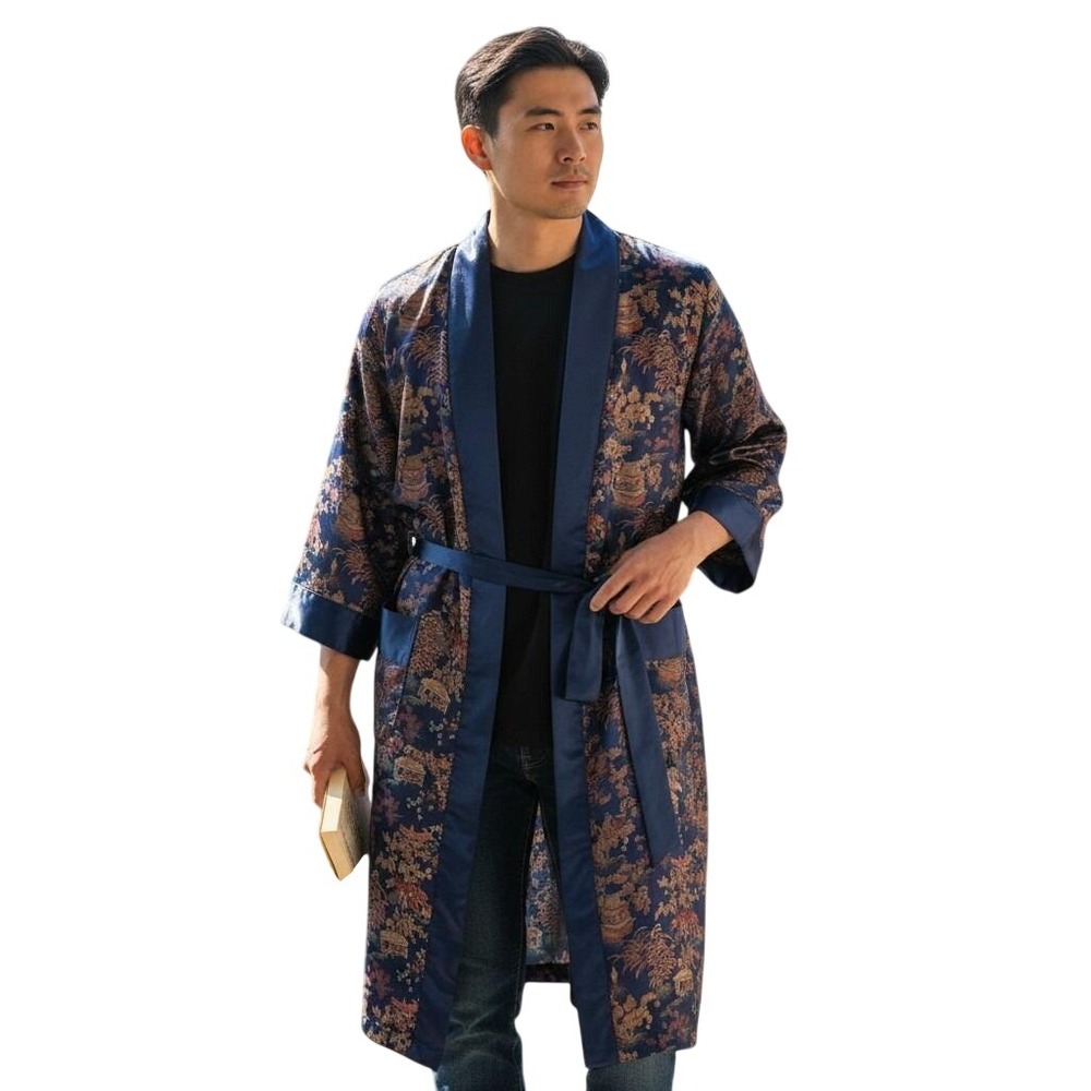 Vintage Navy Satin Asian Embroidered Smoking Jacket Robe 44 Longevity China